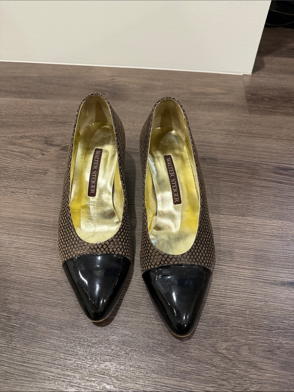 Vintage Walter Steiger Brown Textured Pumps with Black Patent Pointed Toes